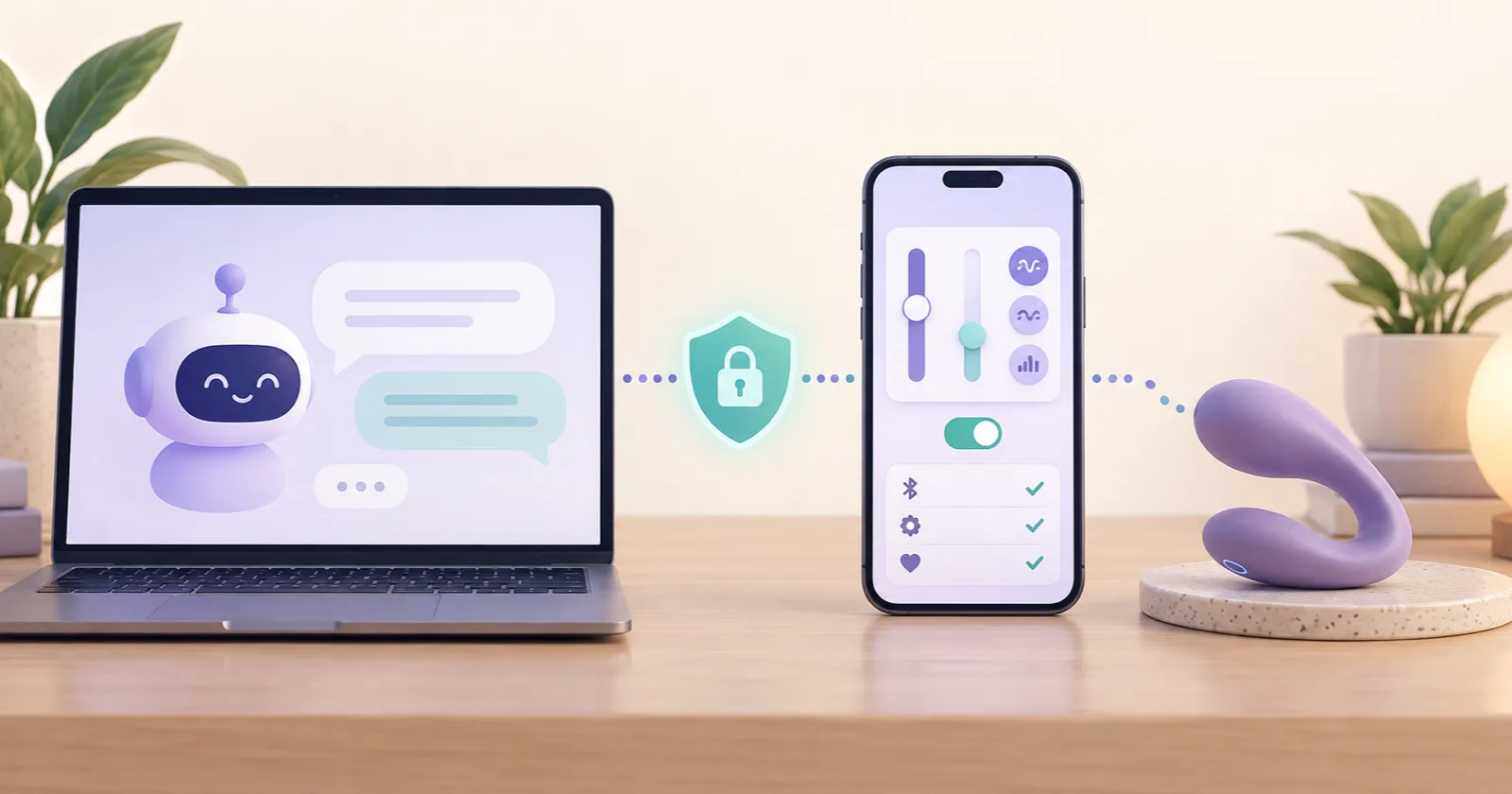 A laptop showing a smiling cartoon robot beside chat bubbles, linked by a dotted line through a green padlock shield to a phone with two slider controls and three ticked settings, then on to a purple vibrator resting on a stone coaster