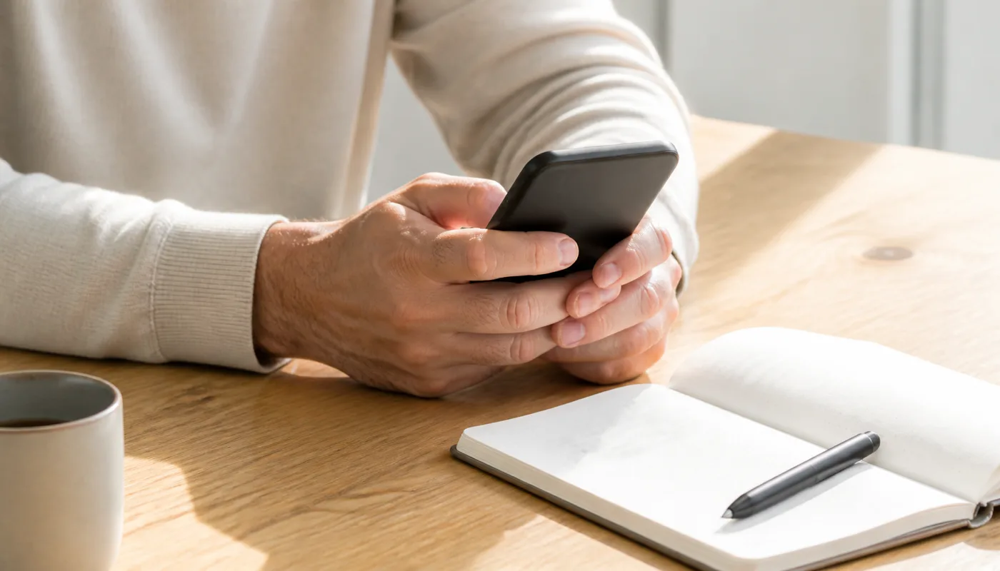 Hands holding a phone above an open notebook and pen on a sunlit desk