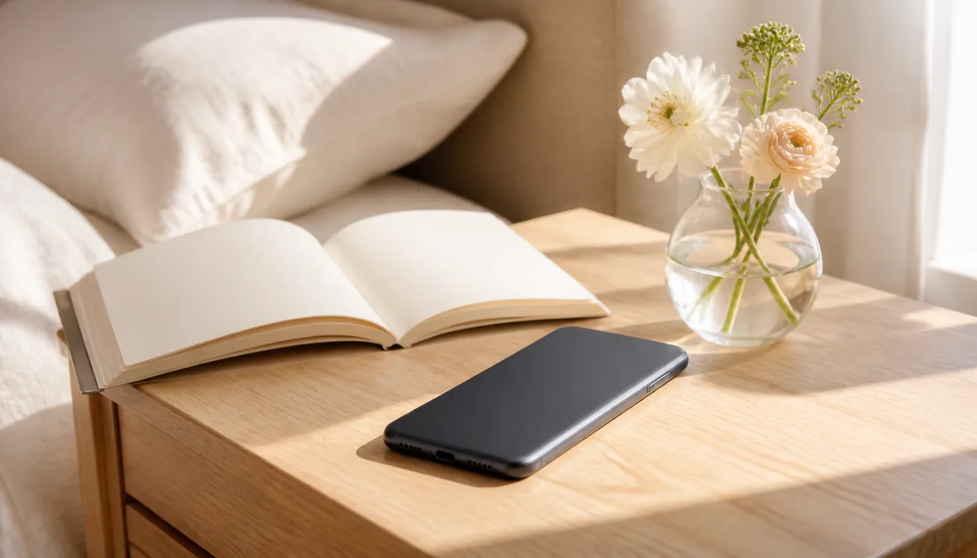 A phone face down beside an open book and flowers on a sunlit bedside table