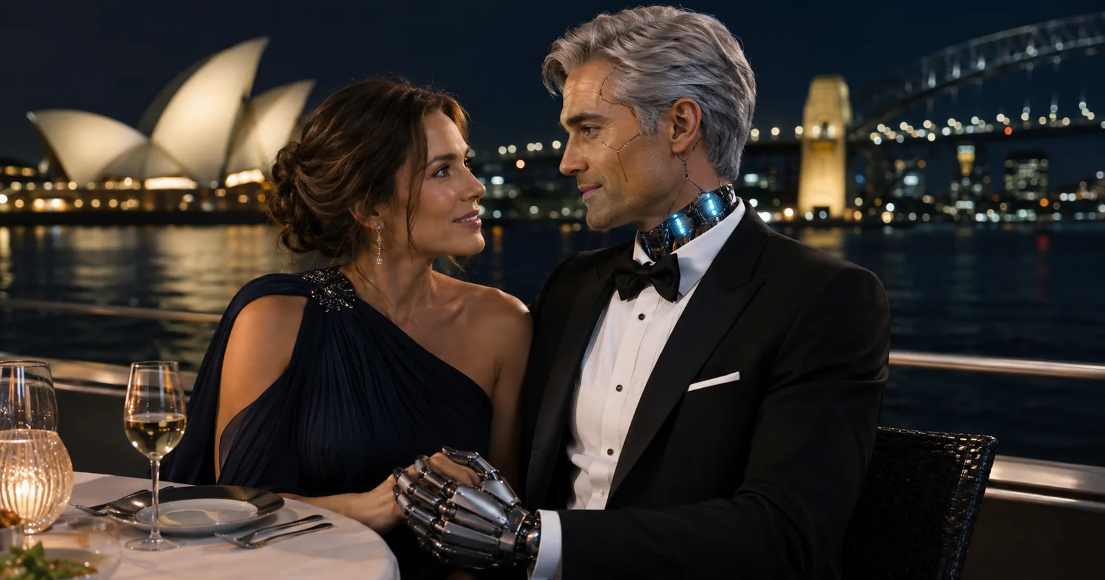 A woman and a synthetic man seated at a harbour-side table at night, an opera house lit behind them