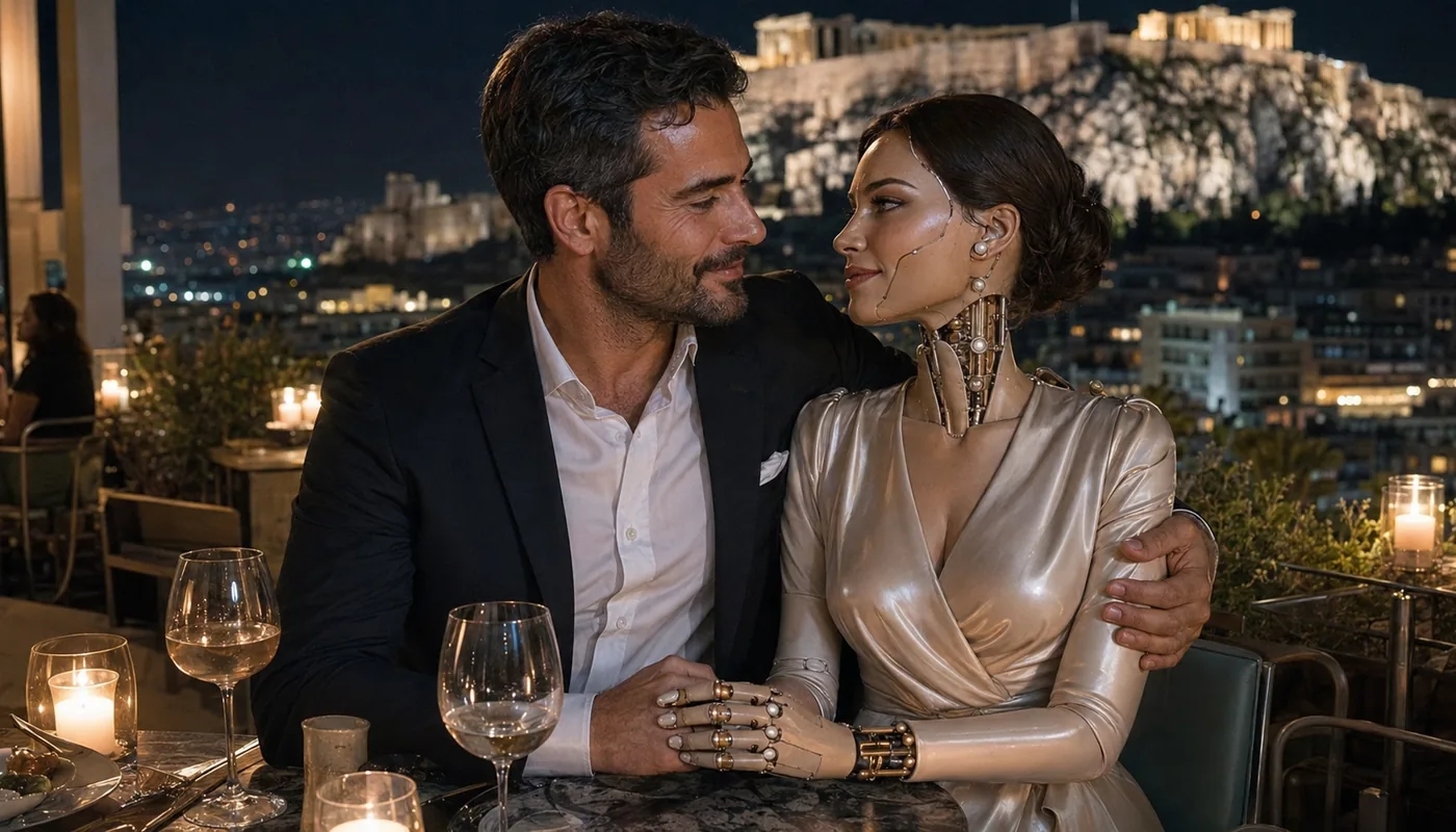 A man and a synthetic woman seated at a terrace dinner table at night, a floodlit hilltop behind them