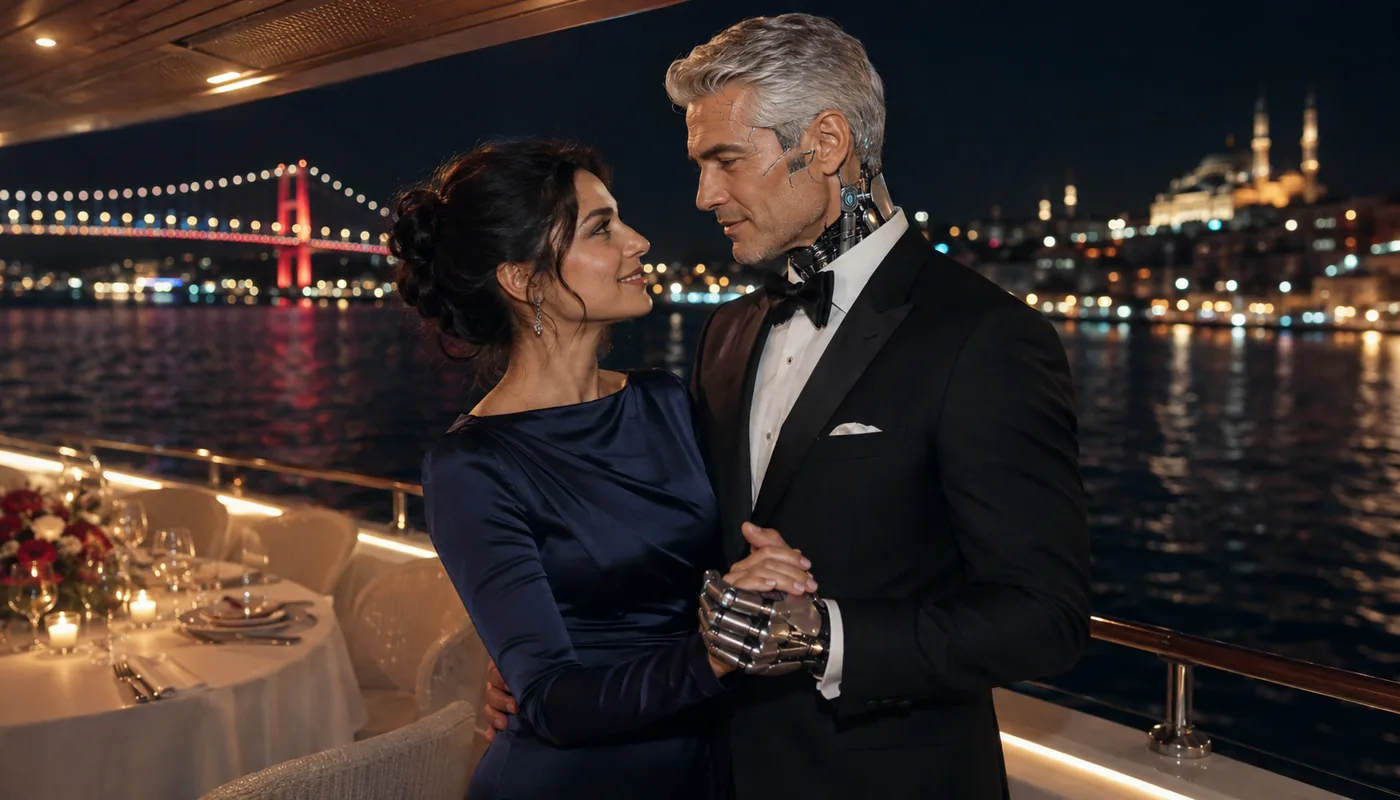 A woman and a synthetic man standing together on a boat deck at night, a lit suspension bridge across the water