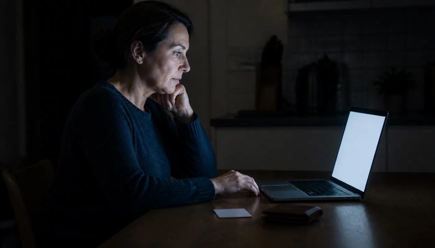 A woman reading plan terms on a laptop at a kitchen table at night