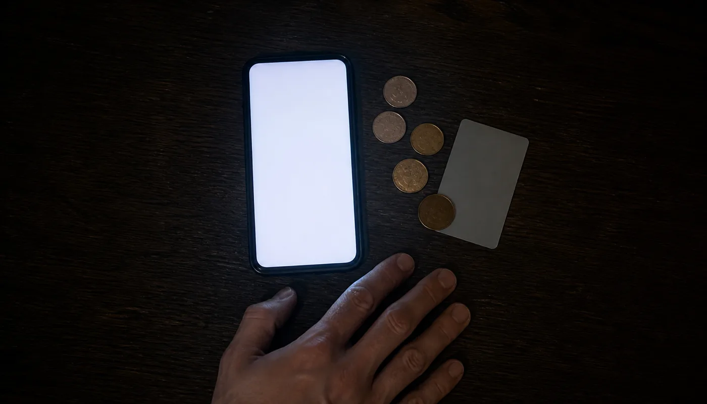A phone on a dark table beside a bank card and a scatter of coins