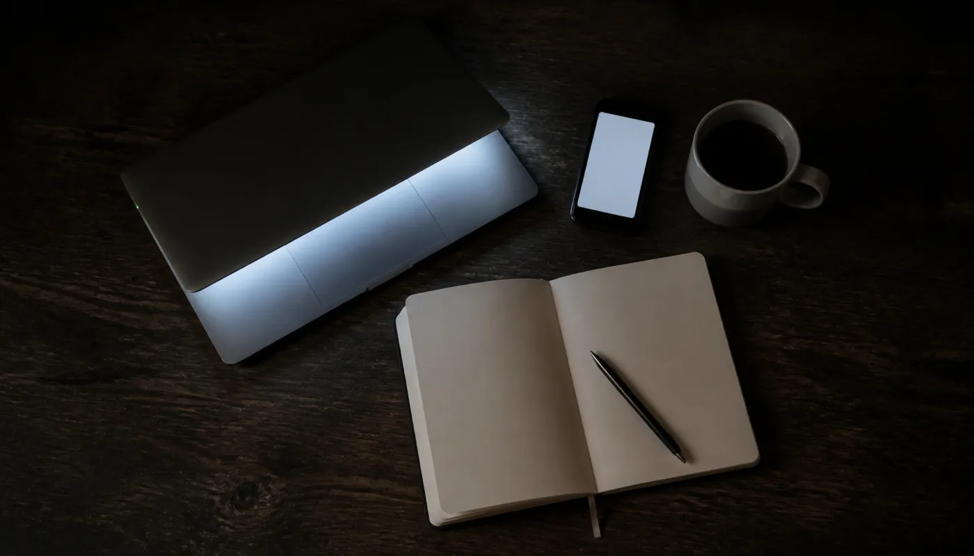 A desk at night with a laptop, a phone and an open notebook