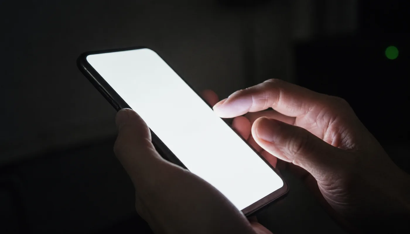 A close-up of hands running a check on a phone in a dark room