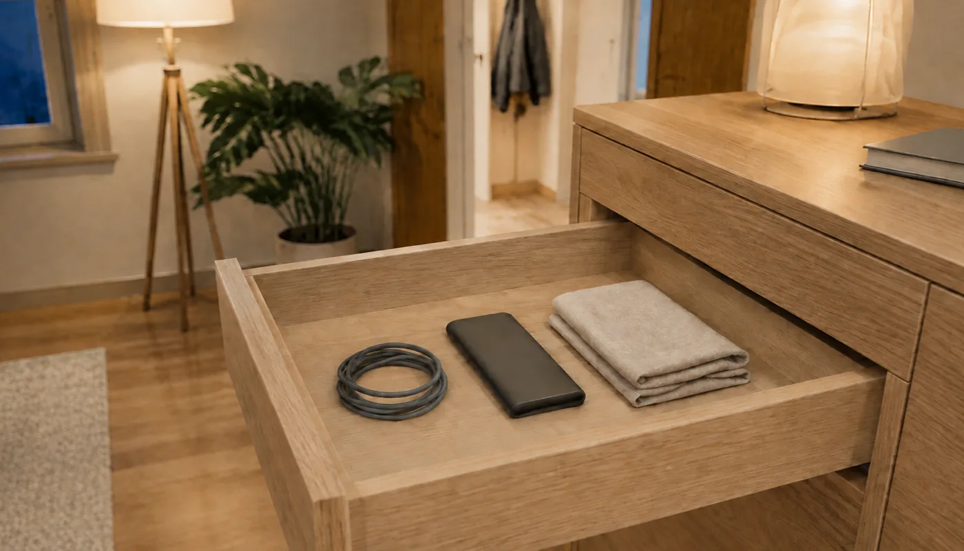An open drawer holding a coiled cable, a power bank and a folded cloth