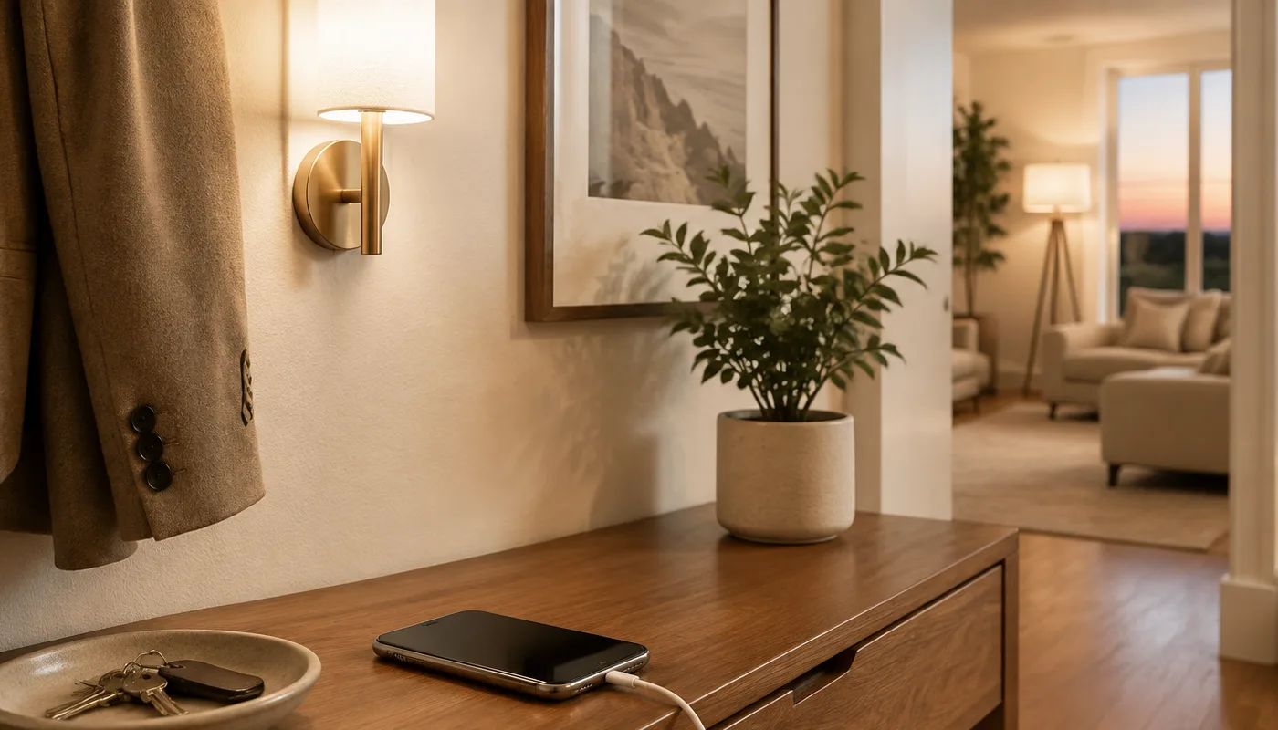 A phone charging on a hall table beside a dish of keys