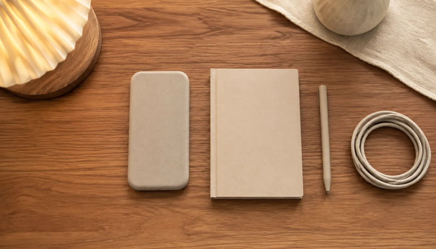 A desk seen from above with a phone face down beside a notebook and a pen