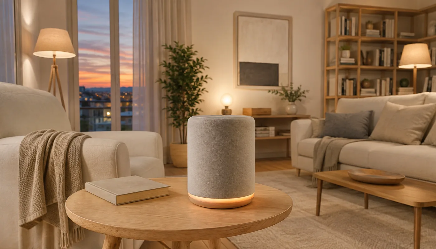 A small speaker glowing softly on a side table in an empty lamplit living room