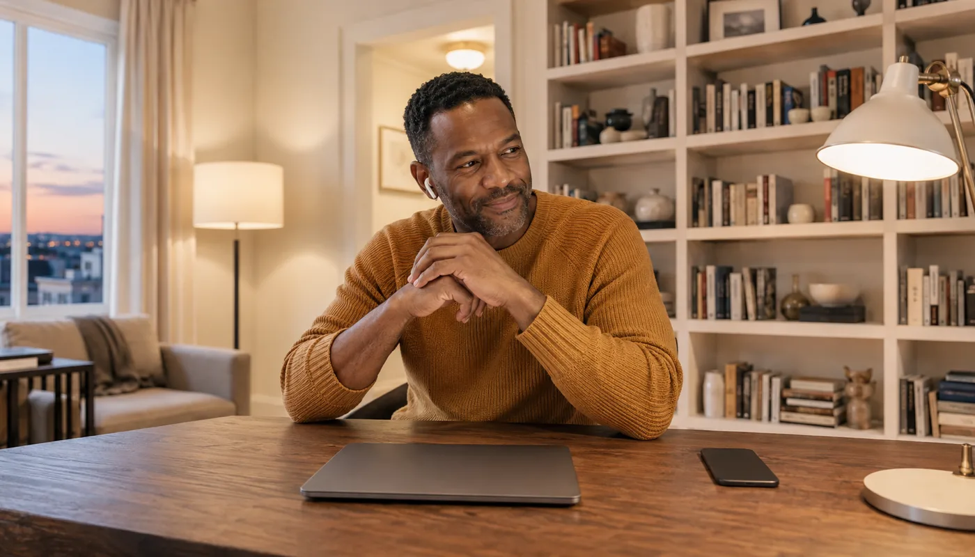 A man at a desk wearing earbuds, a closed laptop and a phone in front of him