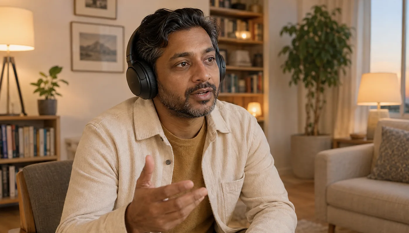 A man in over-ear headphones mid-sentence, one hand raised as he speaks