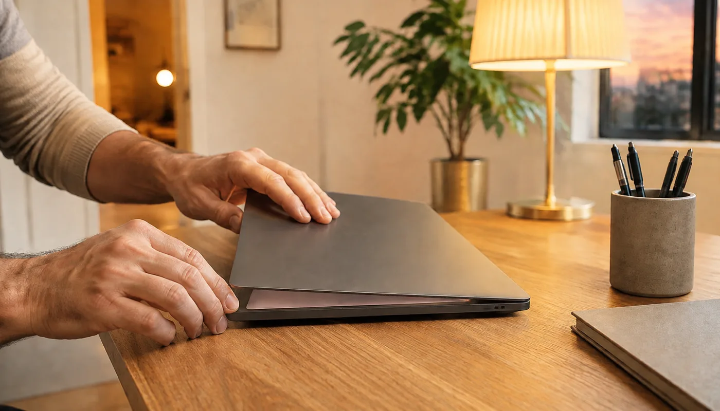 Two hands closing a laptop on a desk in the evening