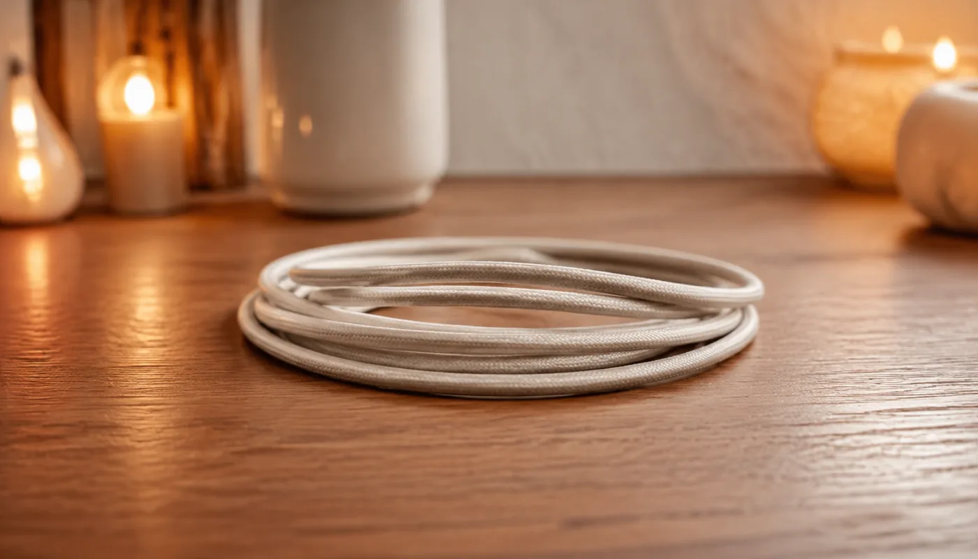 A plain cable coiled loosely on a dark surface