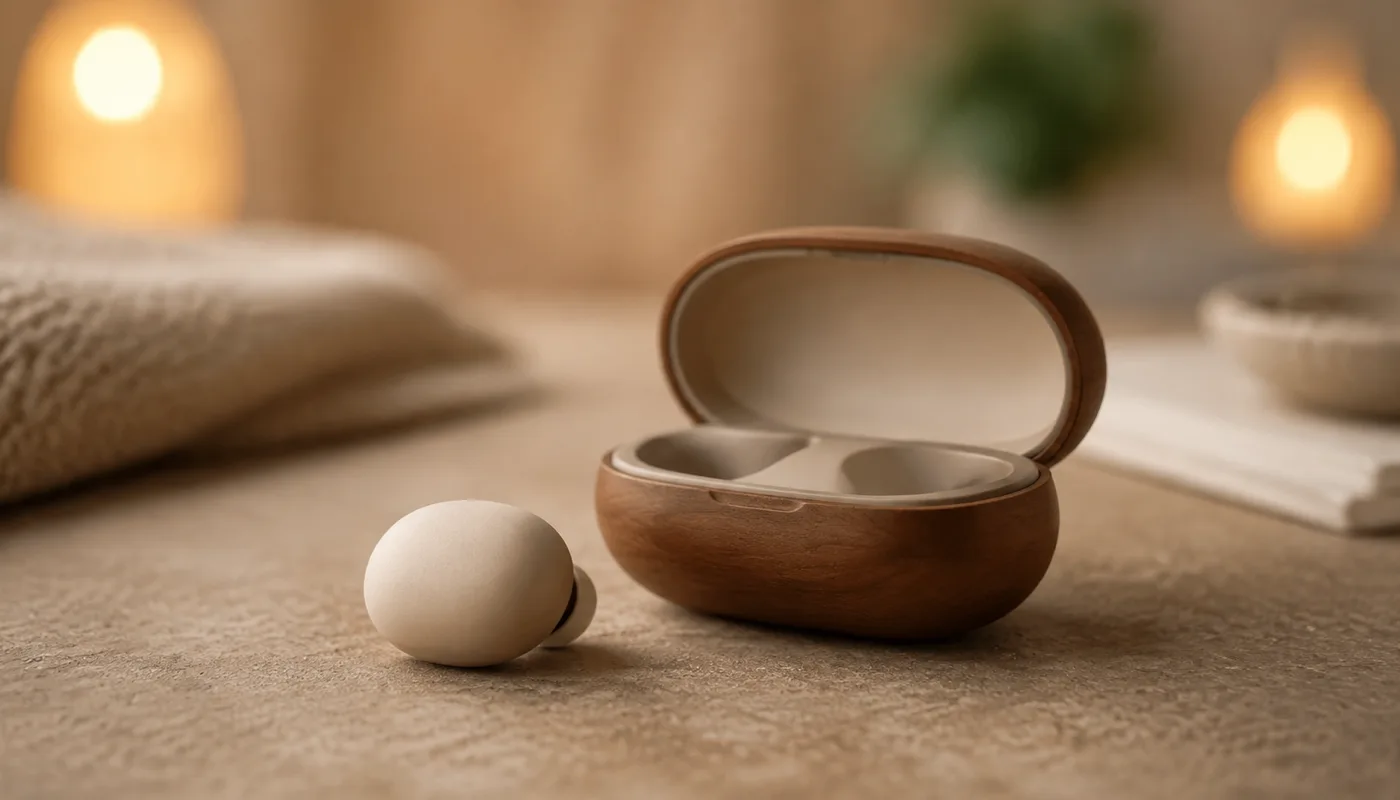 A single earbud on a dark surface beside its open case