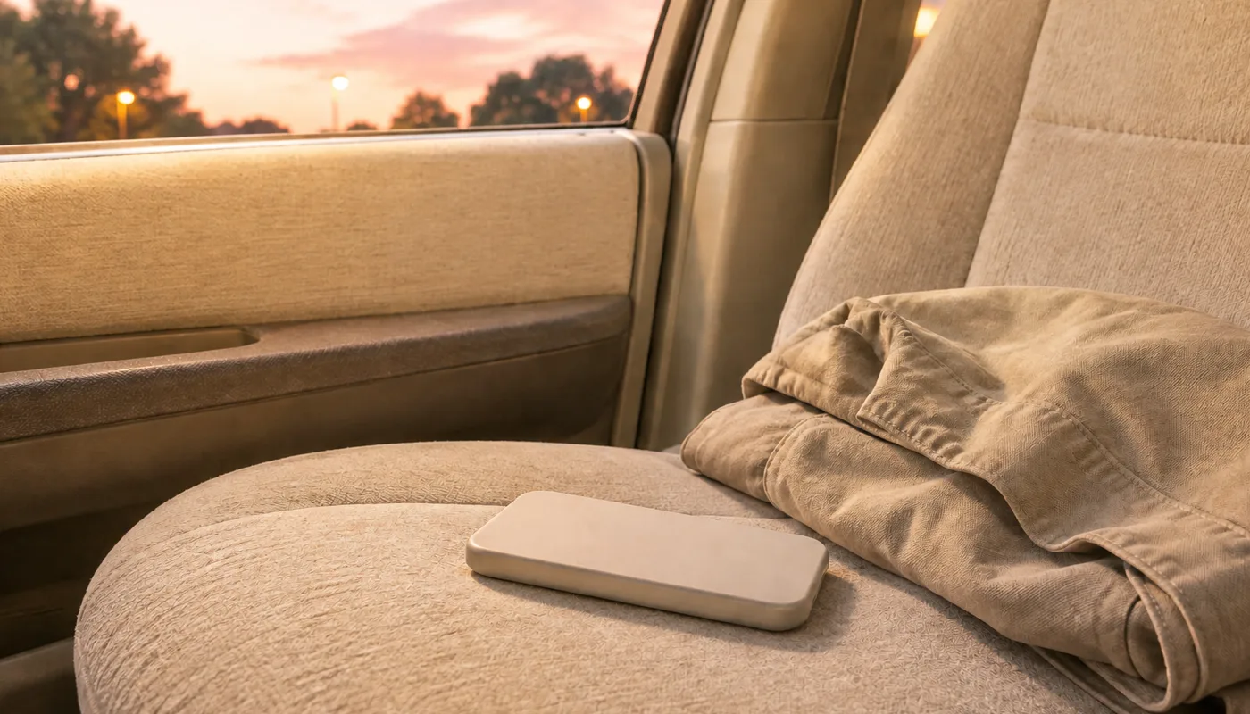 A phone face down on the passenger seat of a car beside a folded jacket