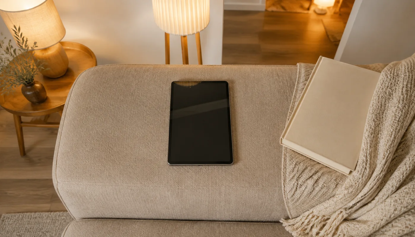 A powered-off phone on the arm of a sofa beside a splayed paperback