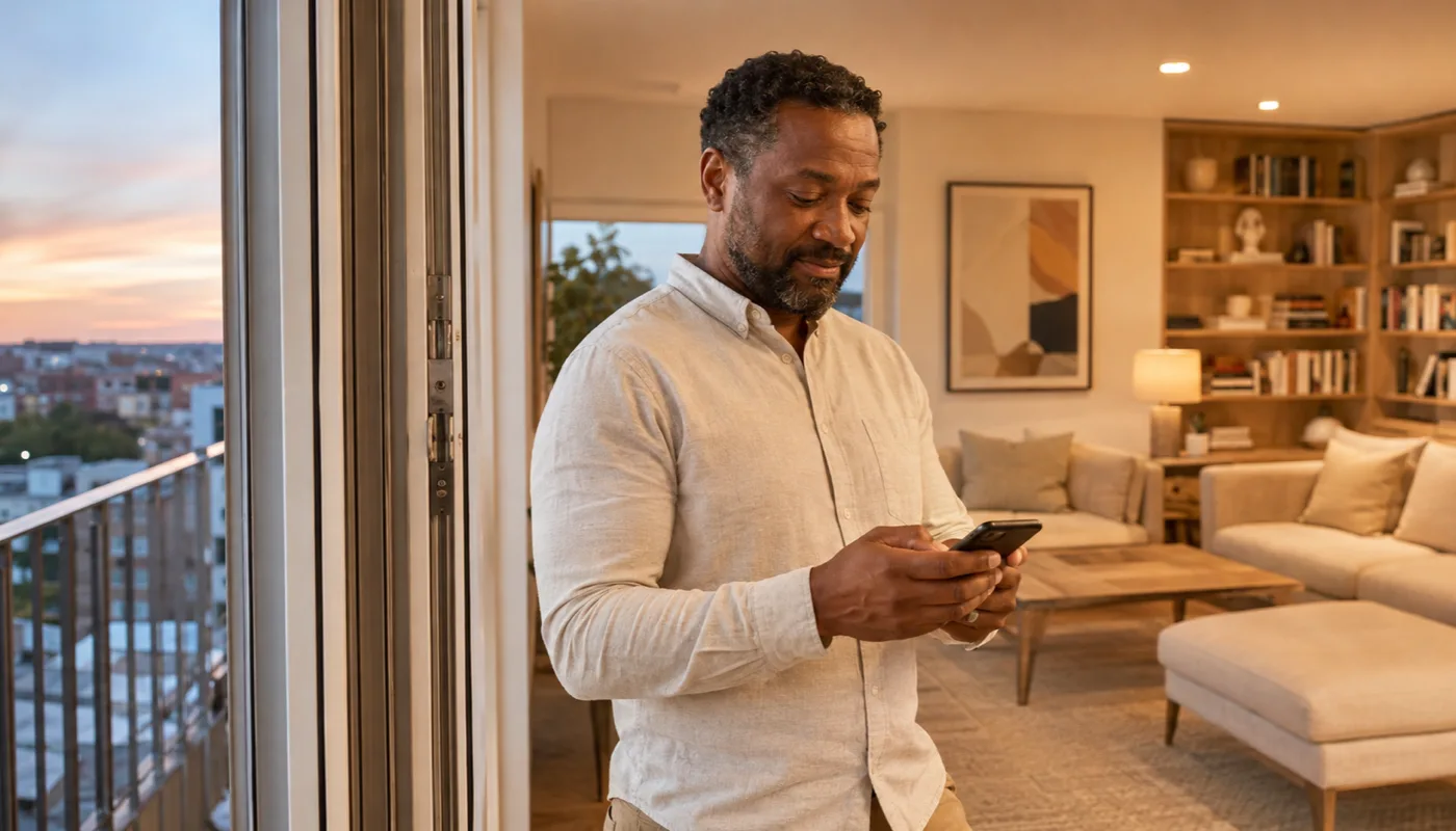 A man standing by an open balcony door at dusk, looking at his phone