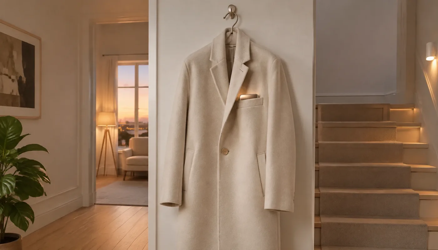 A phone half out of the pocket of a wool coat hanging on a hall hook