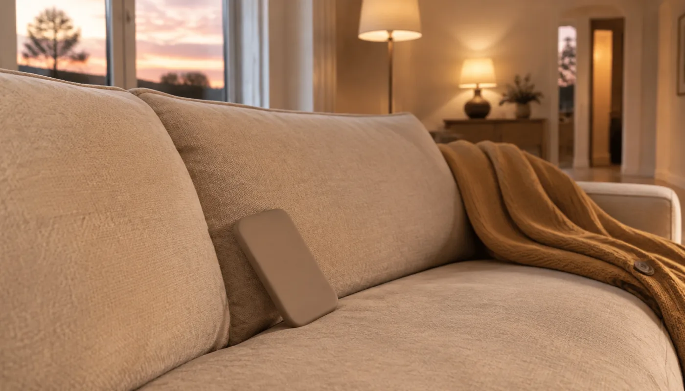 A phone face down where a sofa cushion meets the back of the sofa