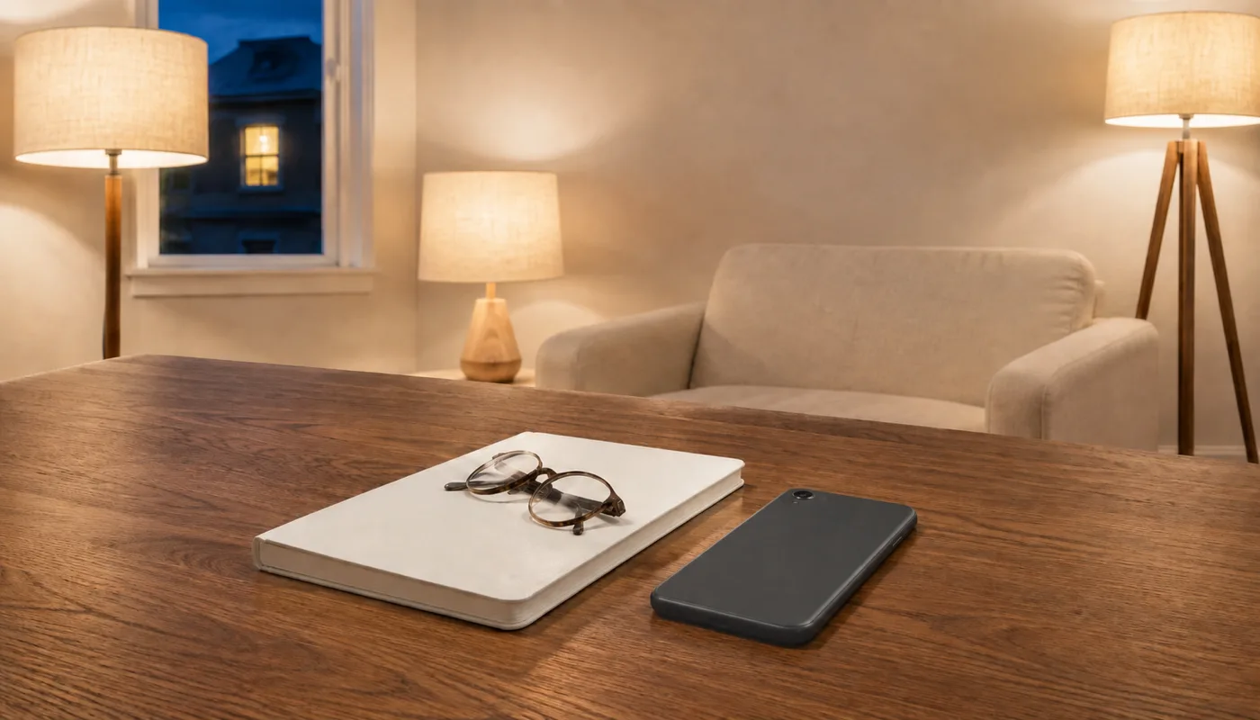 A phone lying face down on a walnut table beside folded reading glasses