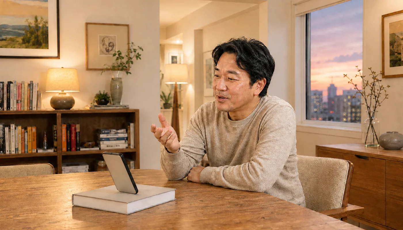 A man at a table talking toward a phone propped upright against a book