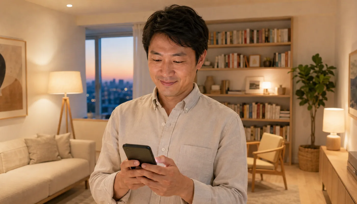 A man standing in a living room at dusk holding a phone in both hands
