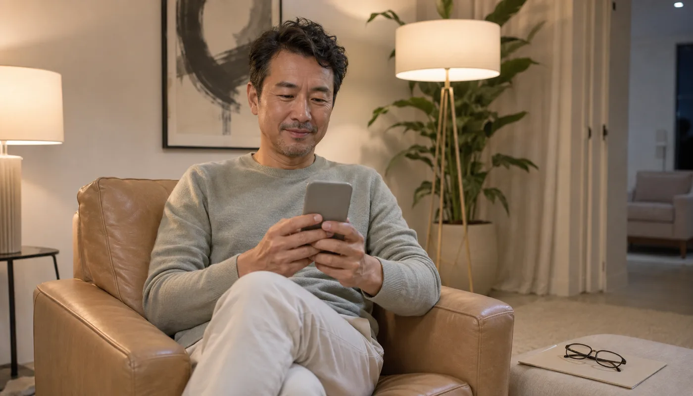 A man in a grey sweater sitting in a tan leather armchair, reading his phone under a floor lamp, with his glasses resting on a folder beside him