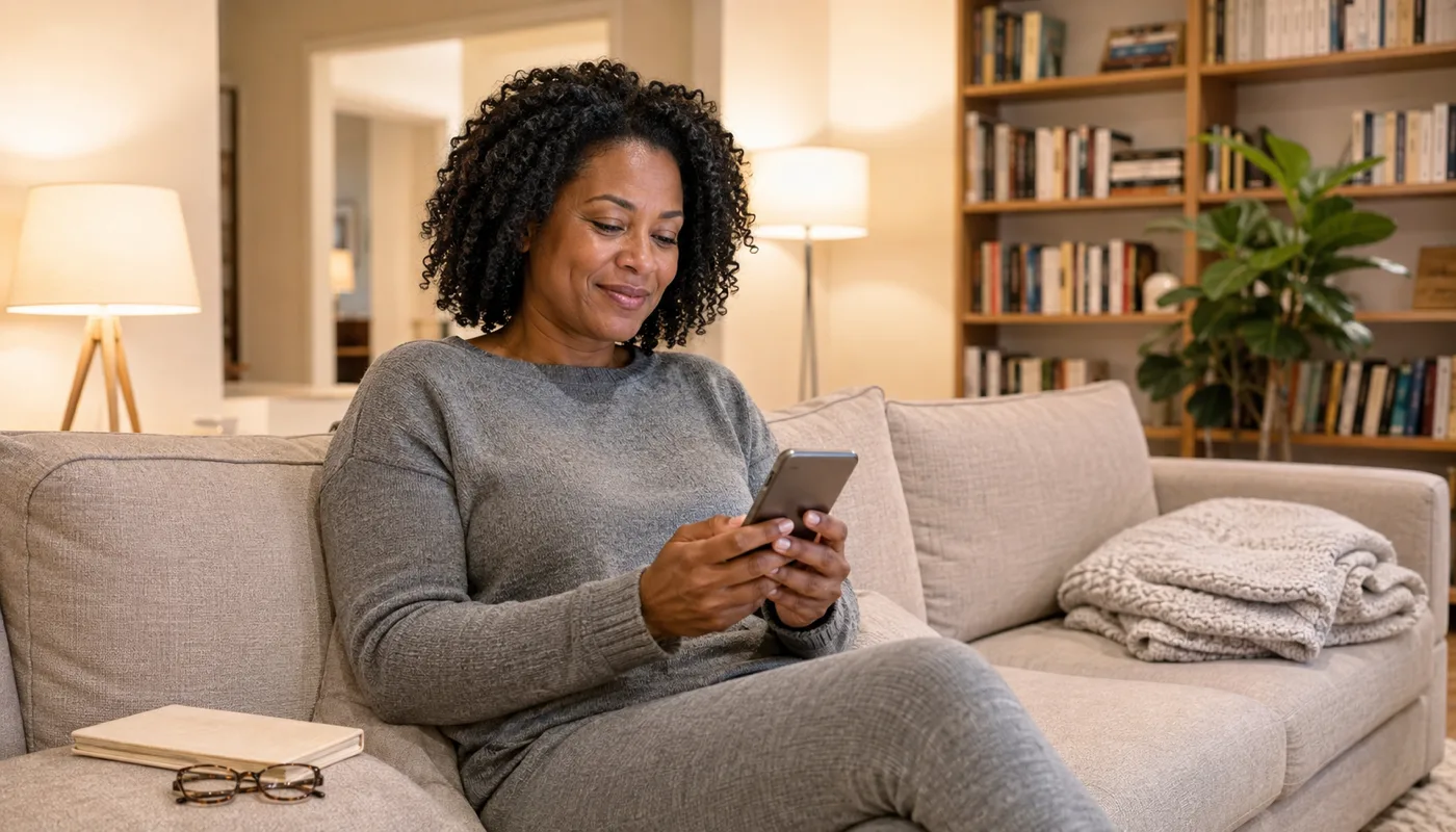 A man sitting back on a sofa in a lamplit living room, smiling at his phone