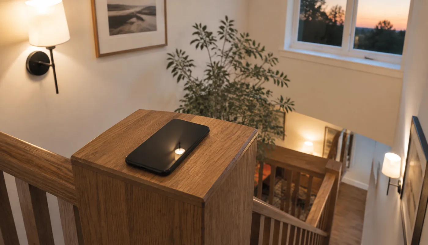 A phone resting on the newel post of a stair landing, its screen dark