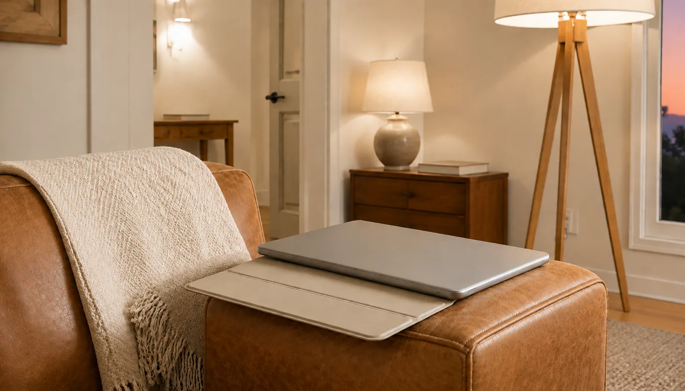 A tablet set face down across the arm of a leather armchair