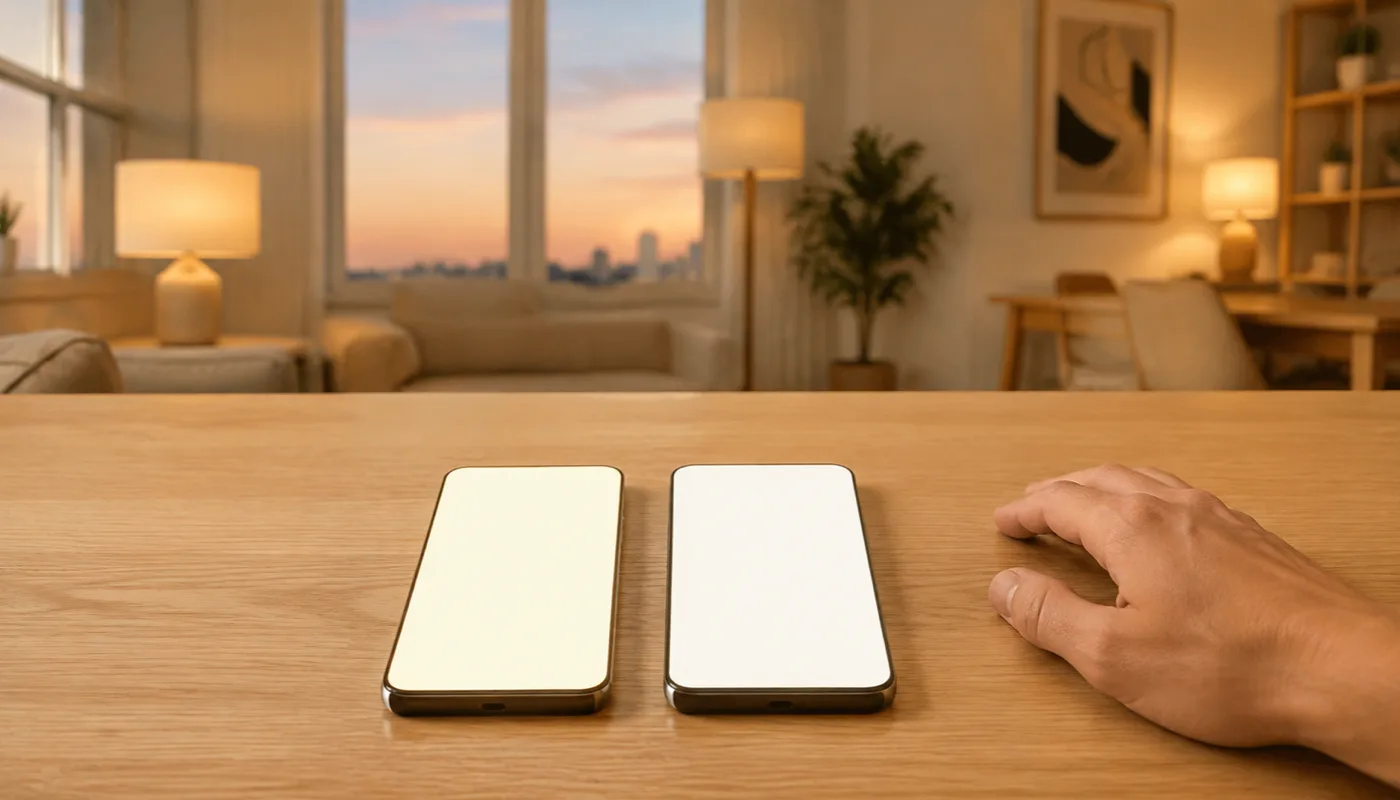 Two phones side by side on a table, both screens showing plain light