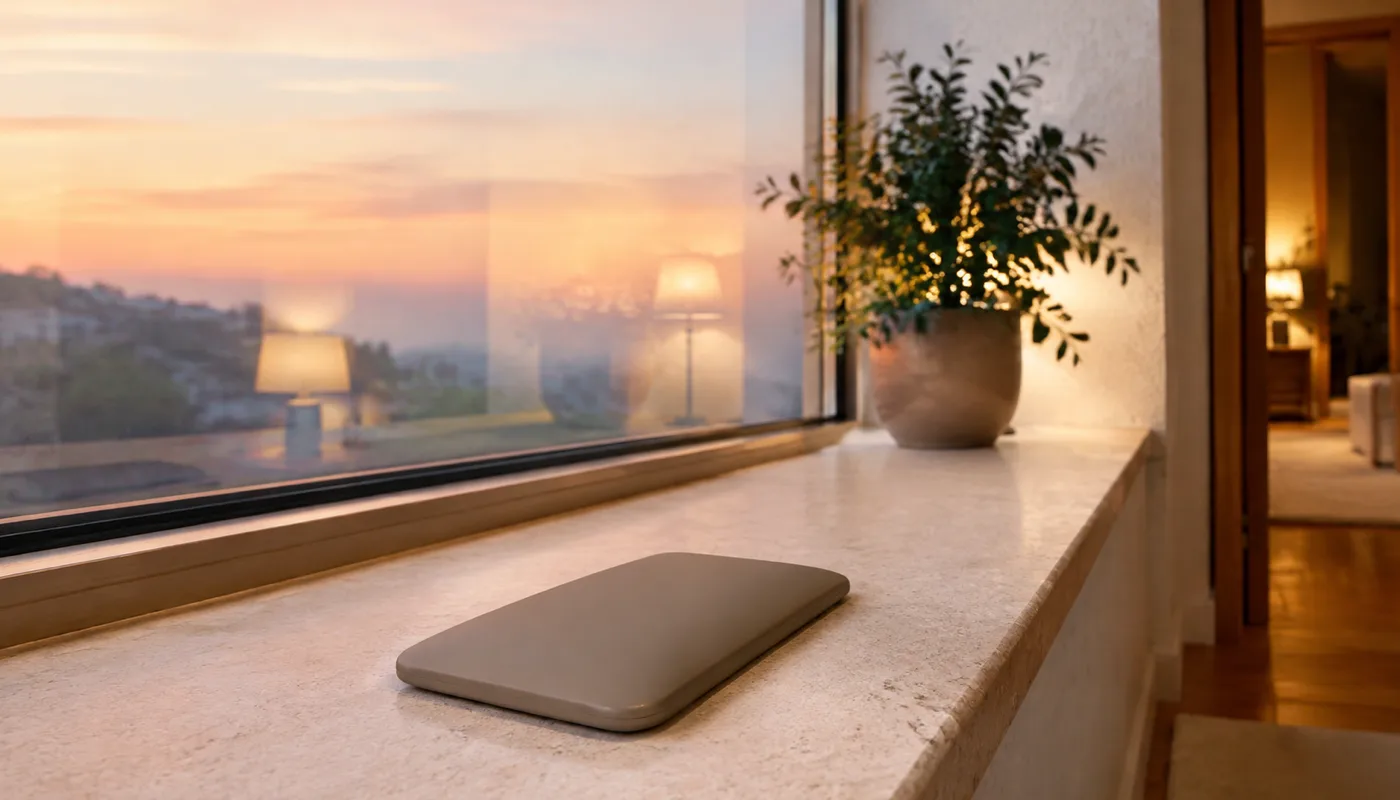 A phone face down on a broad windowsill beside a plant