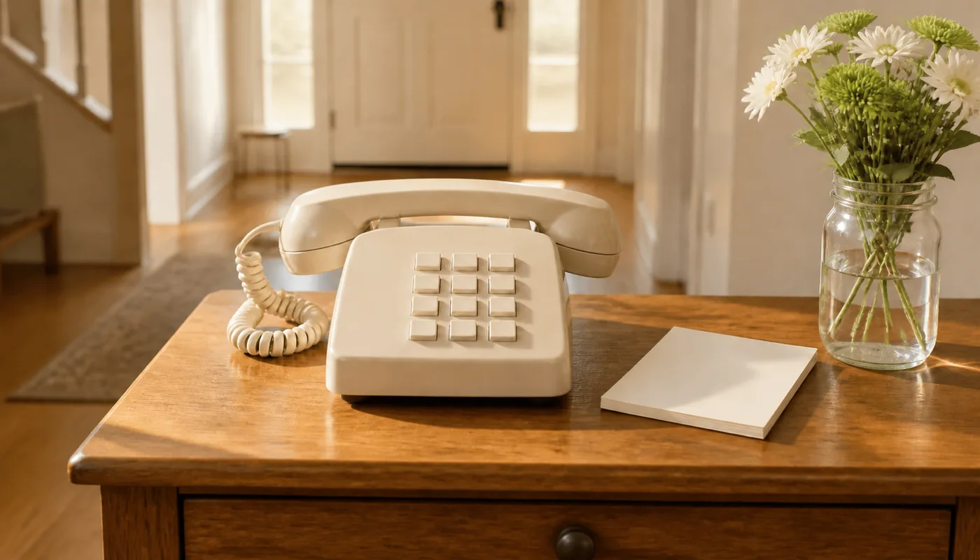 An old-style desk phone on a sunlit hall table beside a notepad and a jar of flowers