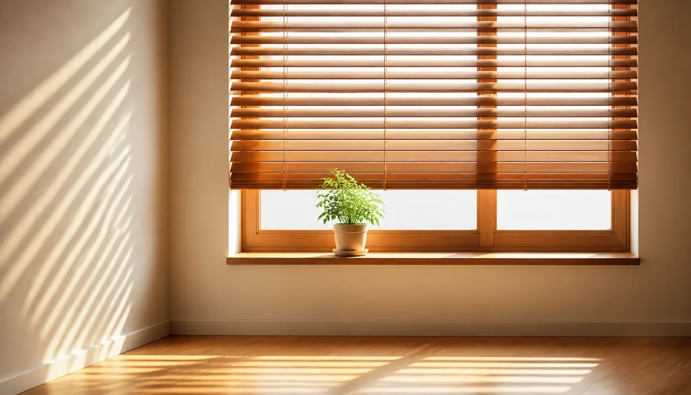 Half-open wooden louvre blinds throwing bright bands of daylight across a pale wall