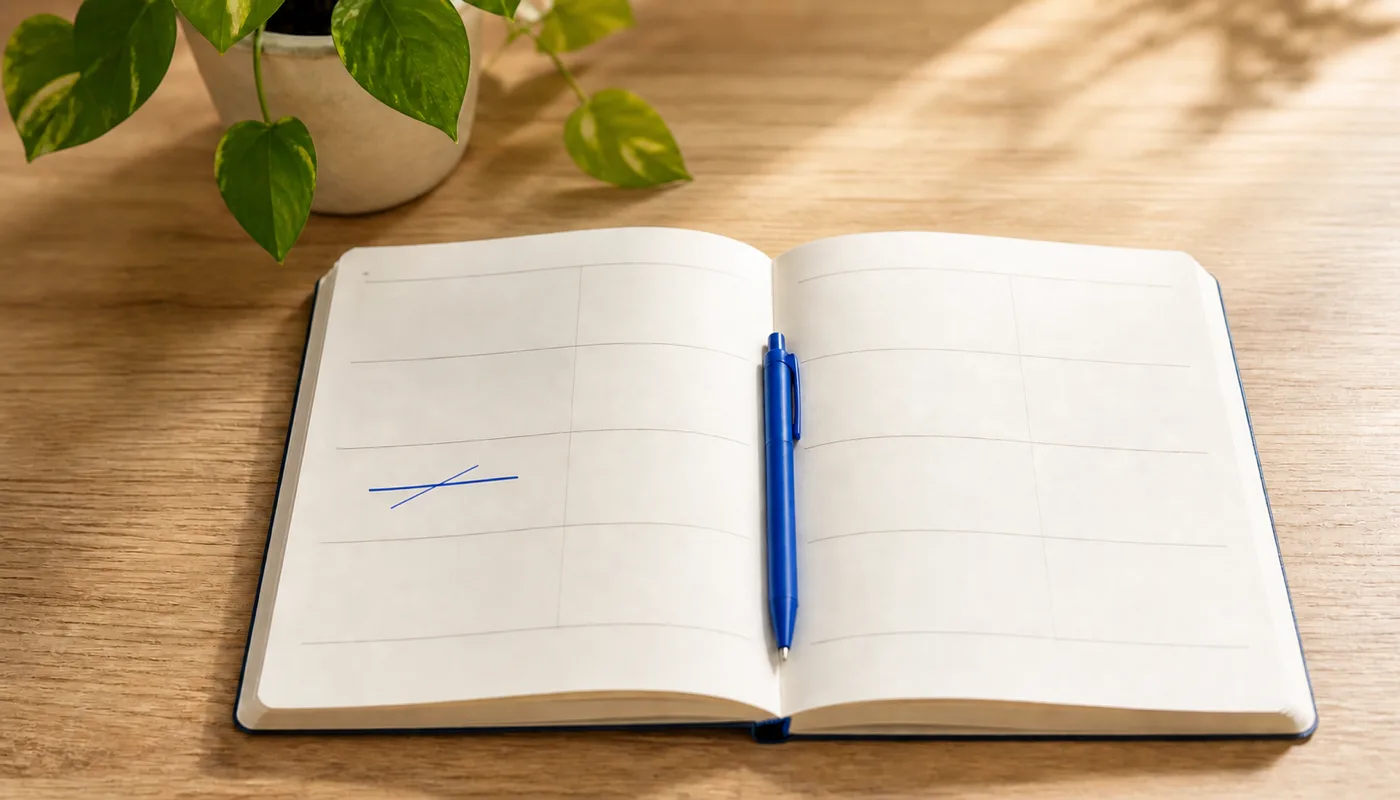 An open paper diary on a bright desk with one week struck through in blue ballpoint