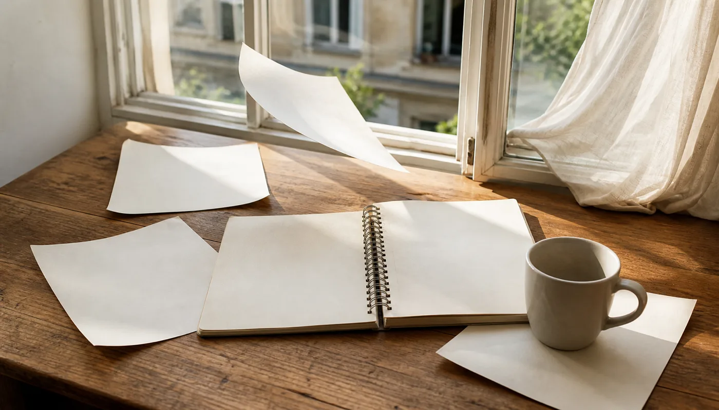 An open spiral notebook by a sunlit window with several loose pages sprung free of the rings