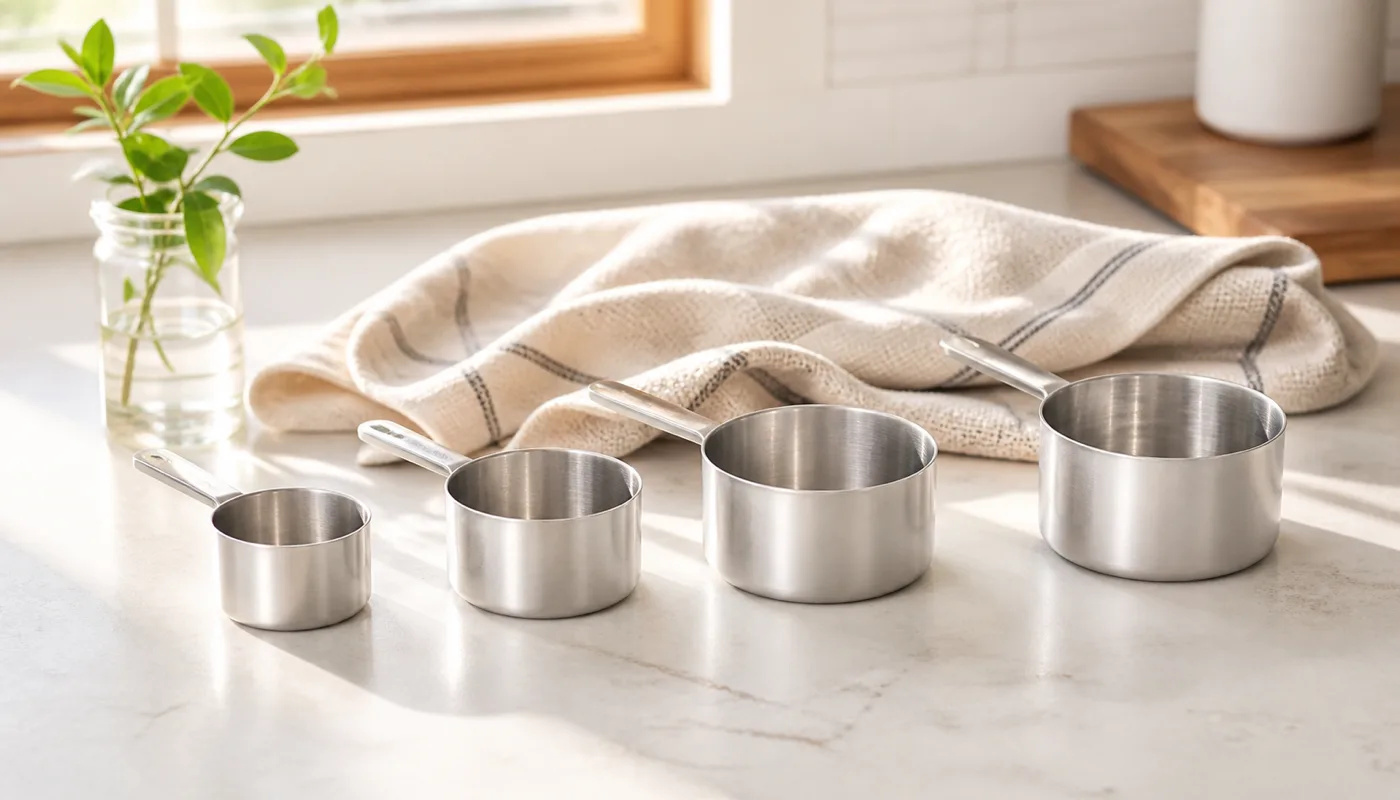 Four plain nesting measuring cups set out smallest to largest on a sunlit kitchen counter