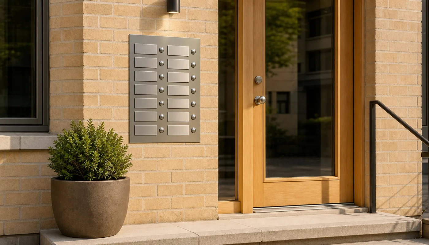 The entry panel of an ordinary office building in morning sun, its nameplates blank