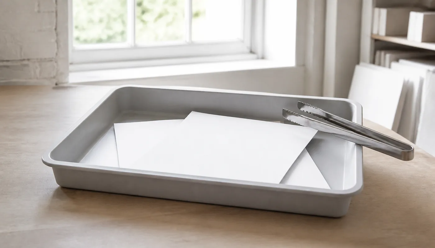 A shallow developing tray holding blank sheets of photo paper
