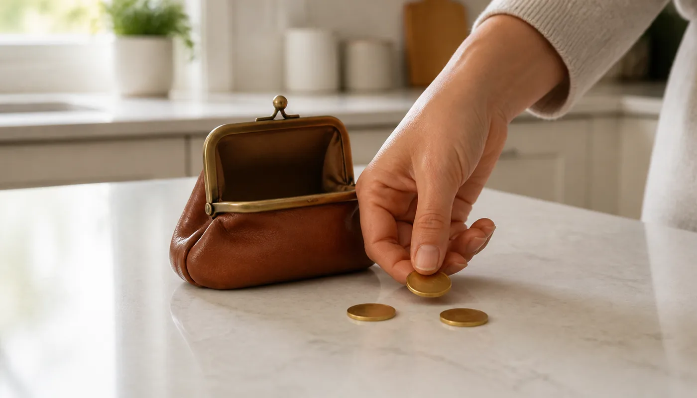 A hand setting brass counters back down beside a small open purse on a bright counter