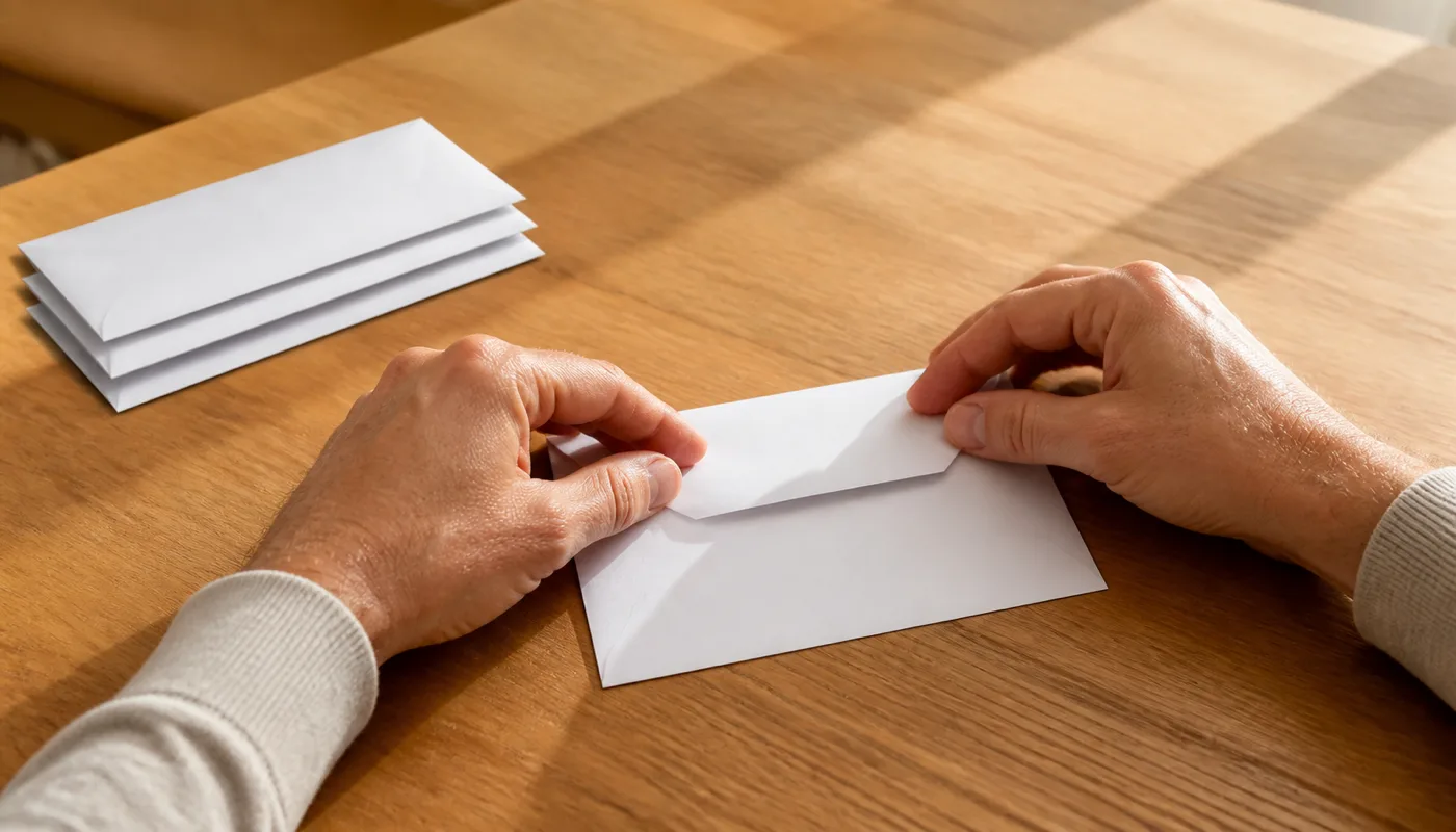 Hands at a sunlit table folding a sheet into a plain envelope beside a stack of sealed ones