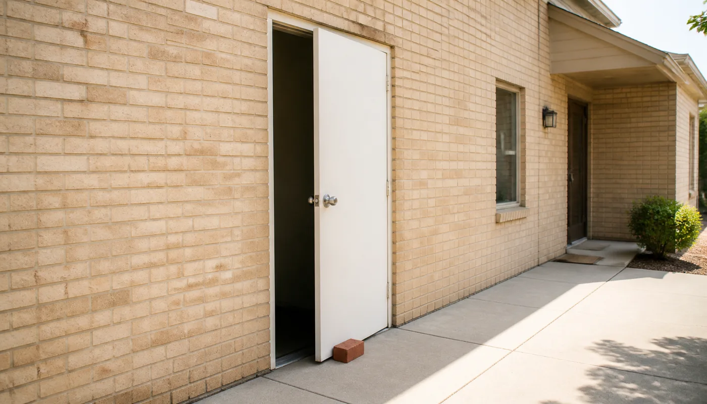 The side entrance of a sunlit building, a plain unmarked door propped open with a brick