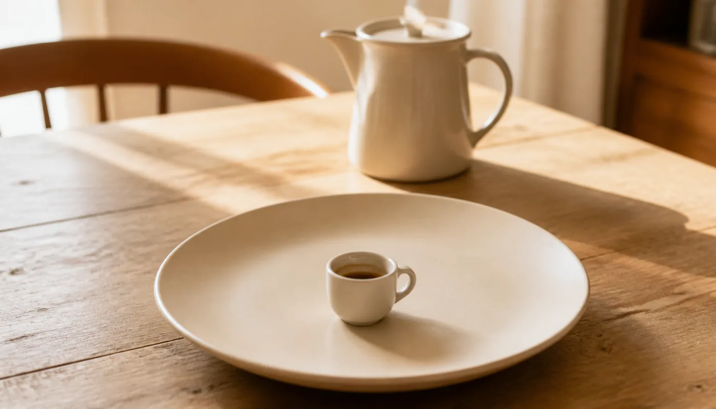 A single espresso cup, nearly drained, alone in the middle of a much larger empty plate