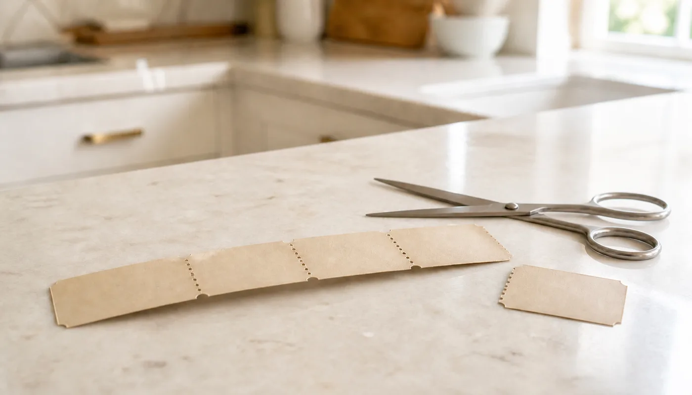 A short strip of blank perforated paper tickets on a bright counter, one stub torn off