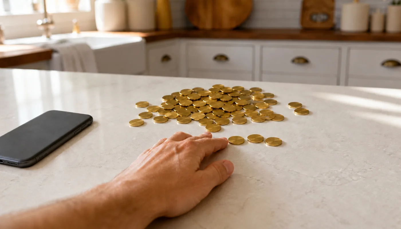 A hand pushing a few blank brass counters clear of a small pile on a sunlit counter