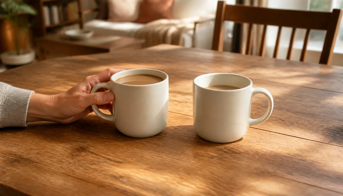 Two plain mugs side by side on a sunlit table, filled to visibly different levels