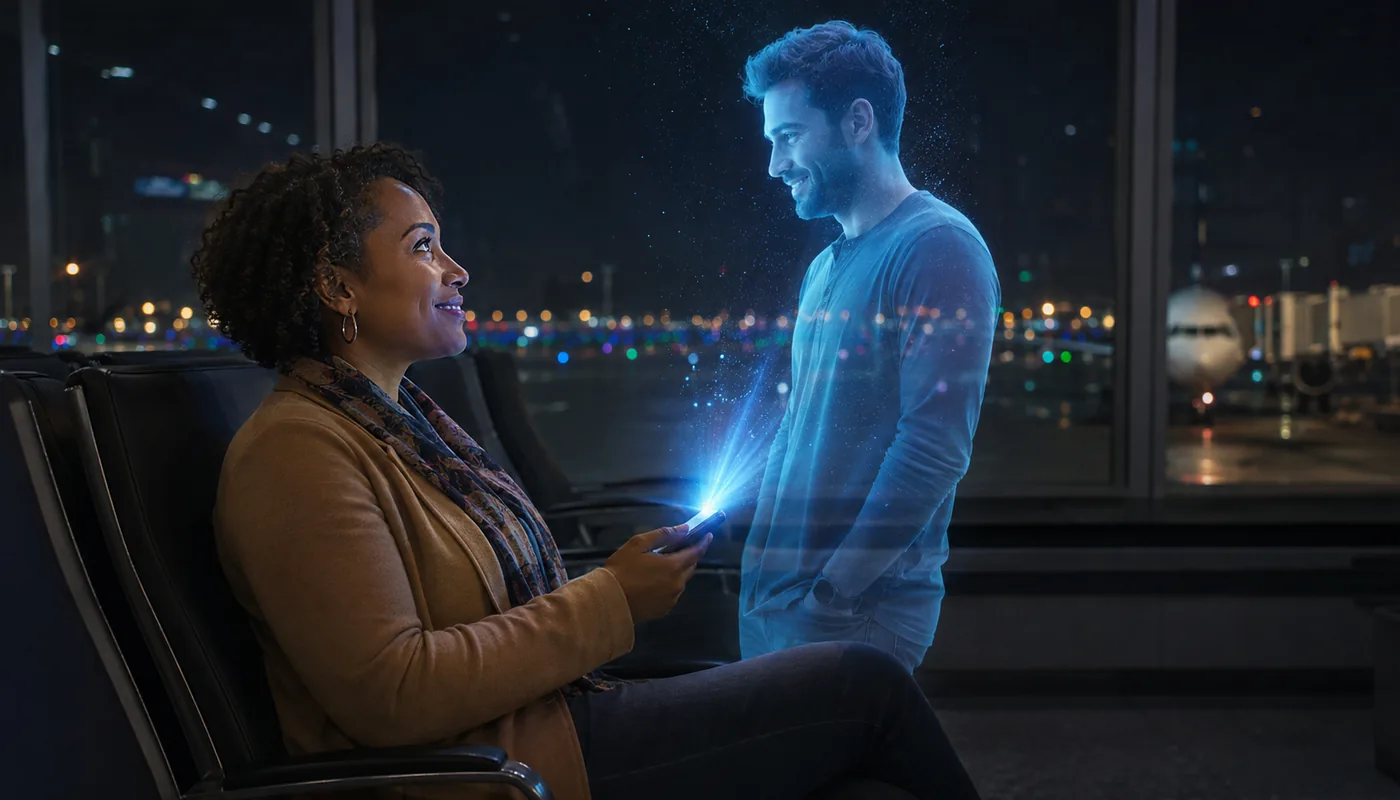 A woman seated in an airport lounge at night holding her phone, a translucent blue synthetic man standing beside her, an aircraft at the window