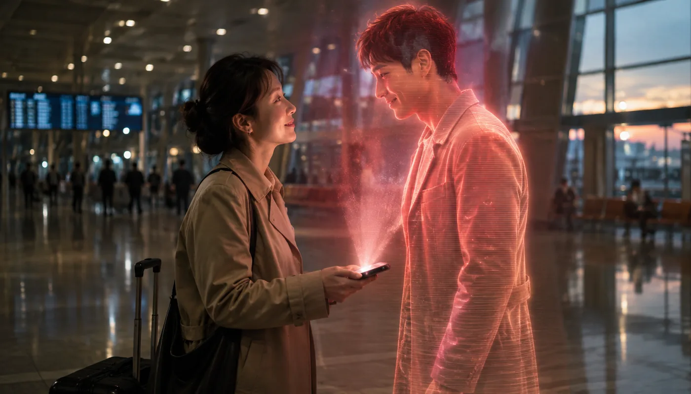 A woman with a suitcase in an airport hall at dusk, a translucent red synthetic man standing close in front of her
