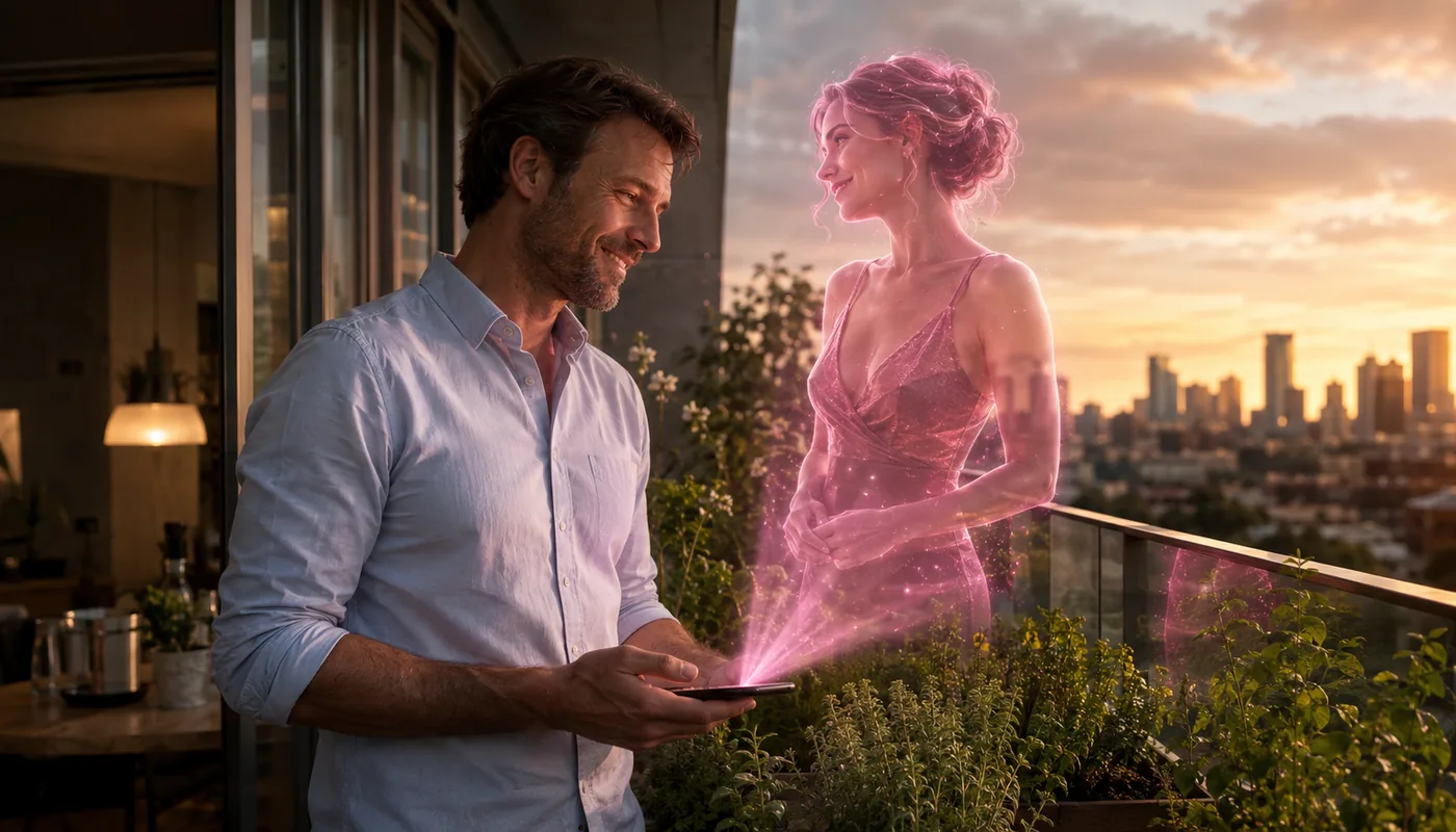 A man on a plant-filled balcony at sunset, a translucent pink synthetic woman beside him, the city skyline behind
